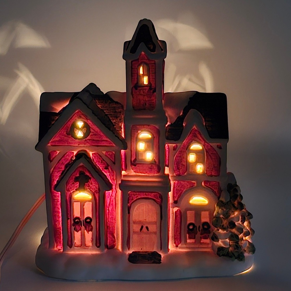 Kirklands Holiday Village Collectible Lighted Ceramic Church Red White 8.5 in